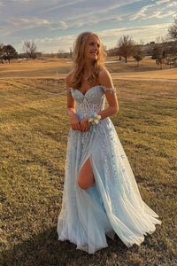 Aqua Tulle Floral Lace Off-the-Shoulder A-Line Prom Dress