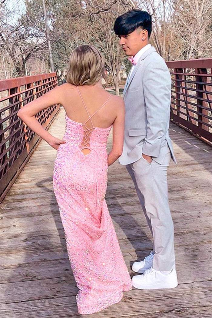 Pink Sequins V Neck Lace-Up Mermaid Long Prom Dress