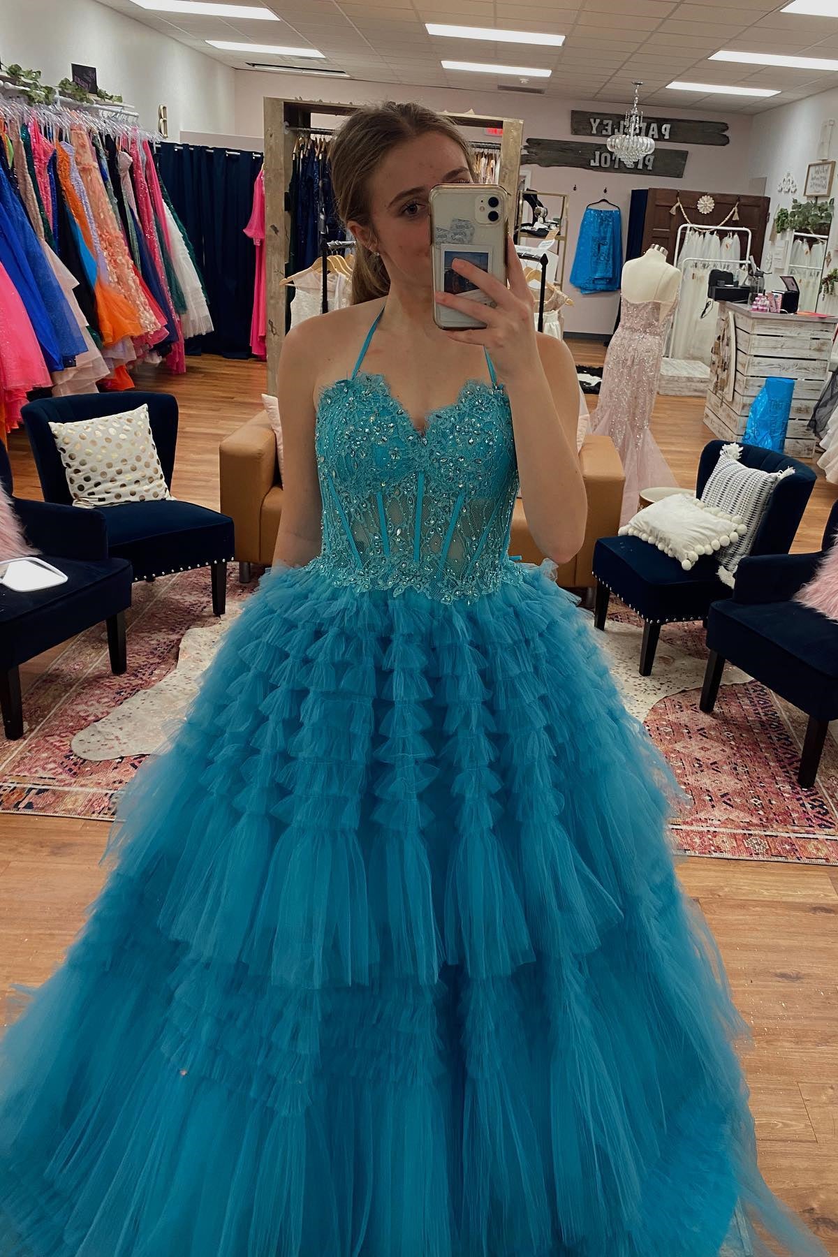 Periwinkle Lace Sweetheart Tiered Long Prom Dress with Ruffles