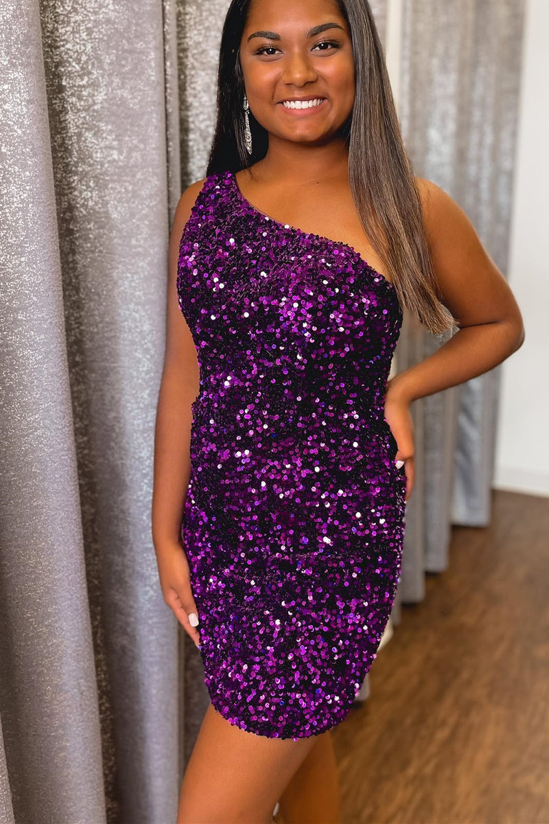 One-Shoulder Black Sequins Mini Homecoming Dress