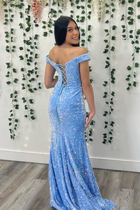 Blue Sequin Off-the-Shoulder Twist-Front Mermaid Long Prom Dress
