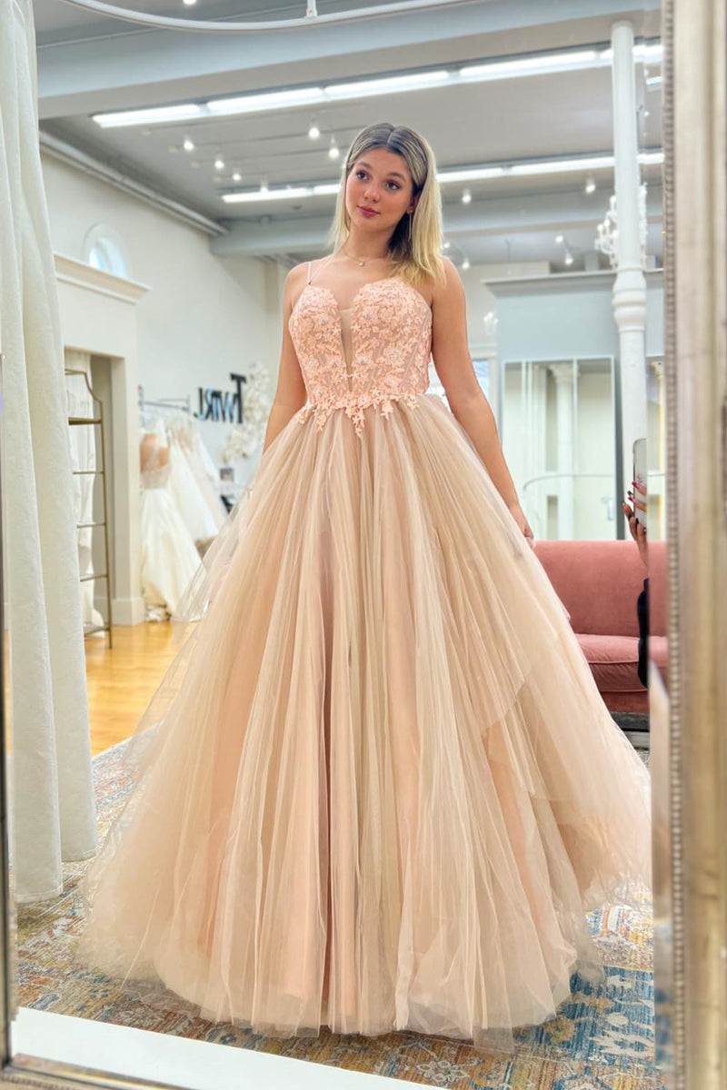 A-Line Lace Appliques Blue Prom Dress