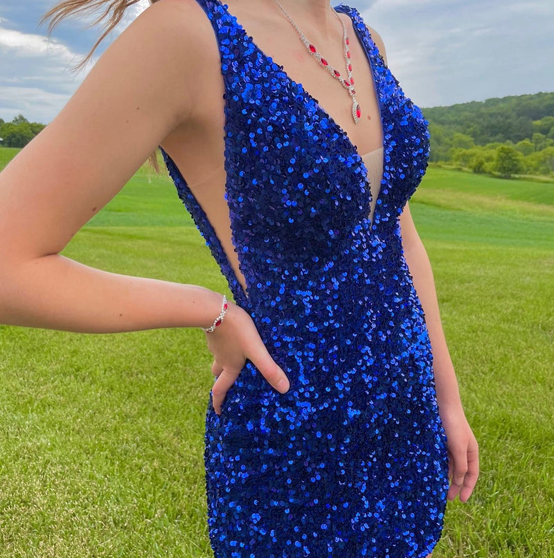 Purple Sequins Plunge Mini Homecoming Dress