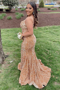 Gold Sequin V-Neck Lace-Up Mermaid Long Prom Gown