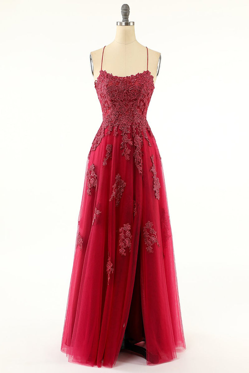 Burgundy A-line Lace Appliques Long Formal Dress