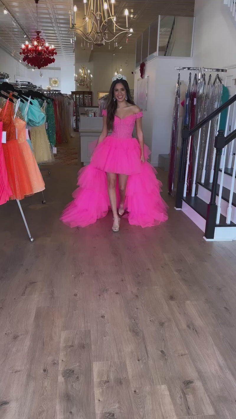 Blue Tulle Lace Off-the-Shoulder High-Low Tiered Prom Dress