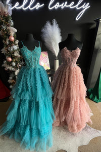 Periwinkle Lace Sweetheart Tiered Long Prom Dress with Ruffles