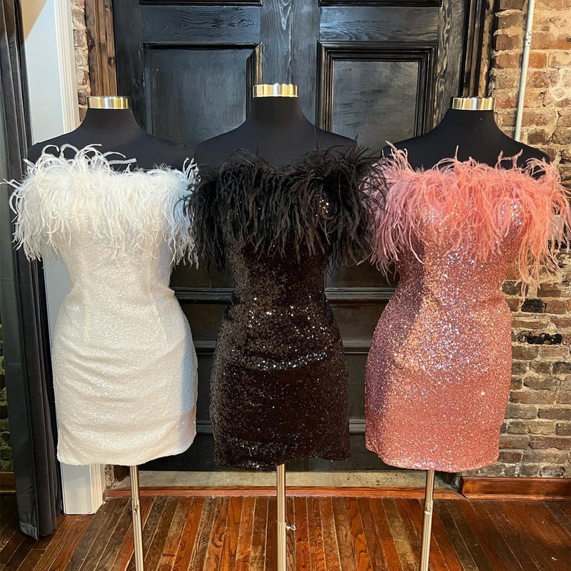 Sequin Strapless Feather Bodycon Mini Homecoming Dress