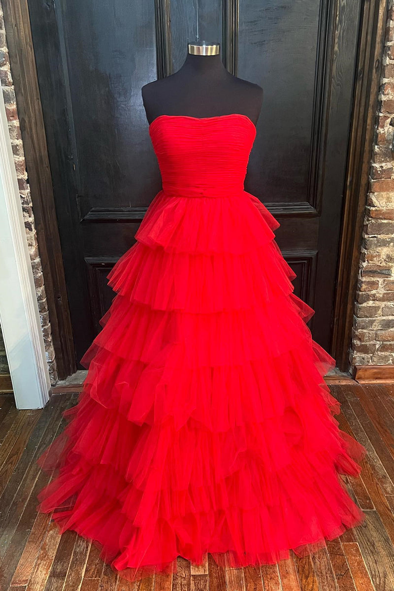 Fuchsia Strapless Ruffle Layers Pleated Long Prom Dress