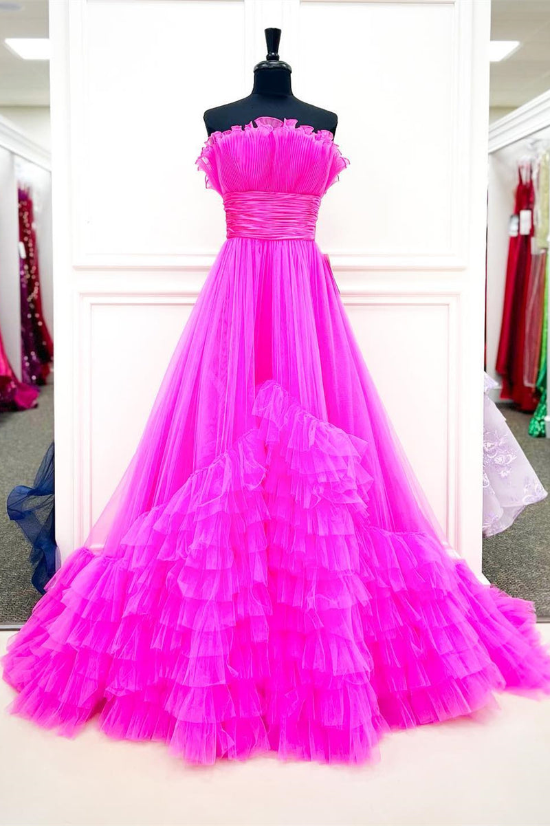 Black Tulle Strapless Belted Tiered Long Dress with Ruffles