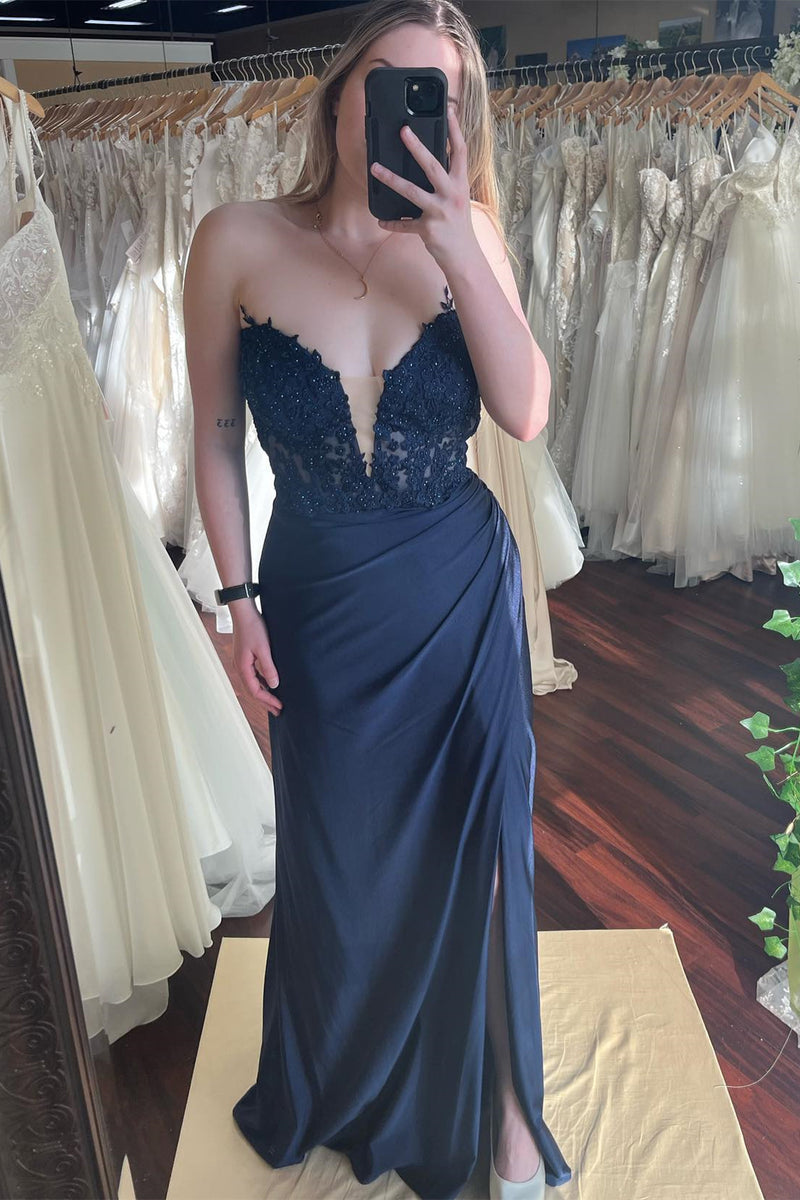 Strapless Burgundy Lace Mermaid Long Formal Dress with Slit