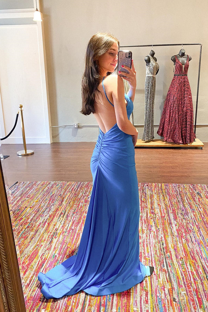 Straps Mermaid Royal Blue Long Formal Dress with Open Back