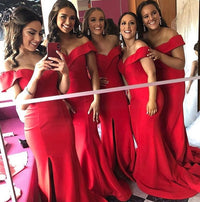 Elegant Off Shoulder Mermaid Long Bridesmaid Dress with Slit
