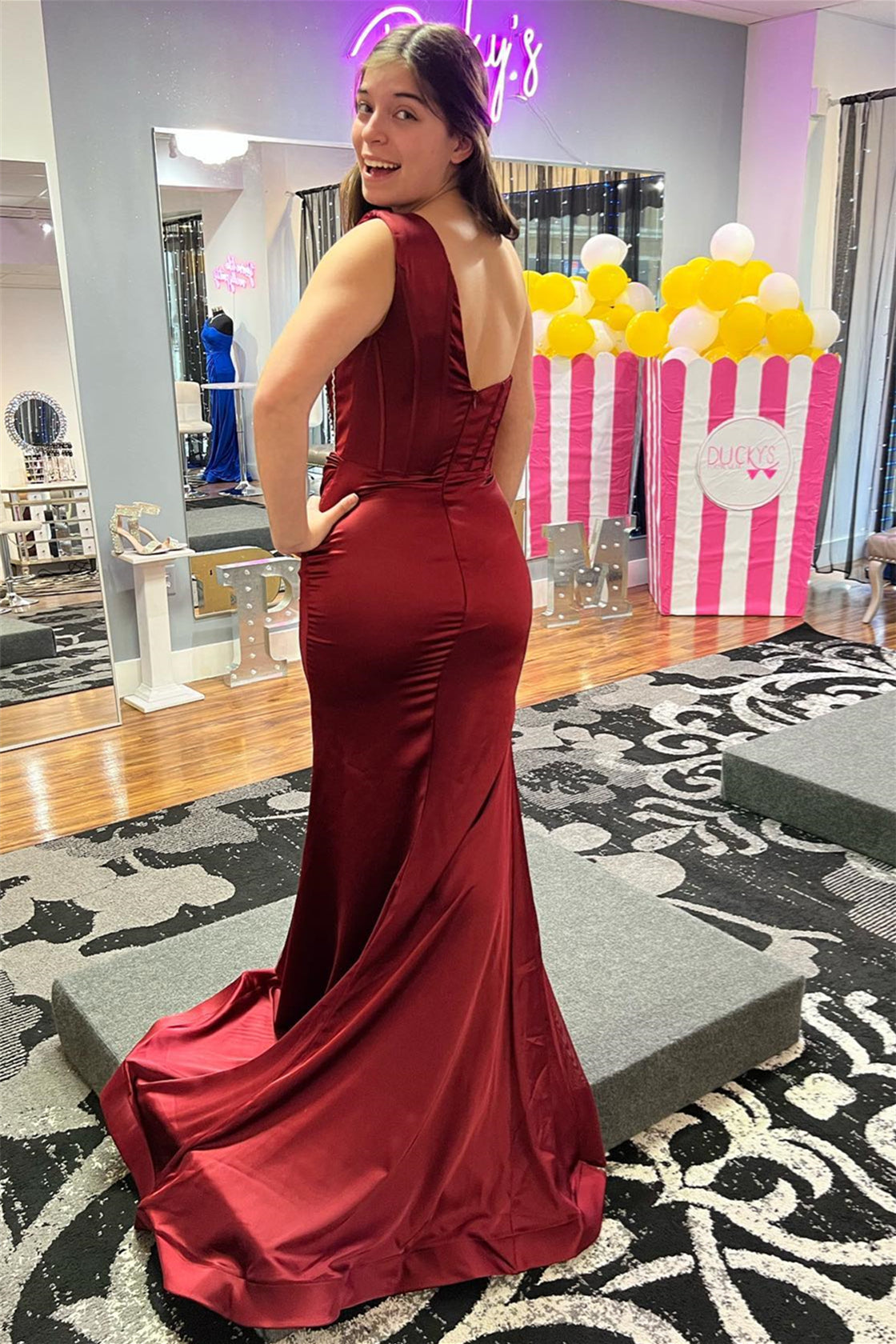 Burgundy One Shoulder Boning Beaded Satin Long Prom Dress with Slit