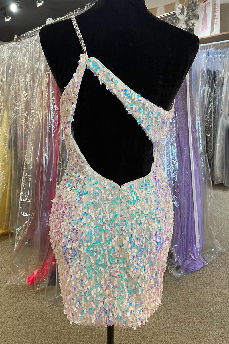 One-Shoulder White Iridescent Cutout Bodycon Mini Dress