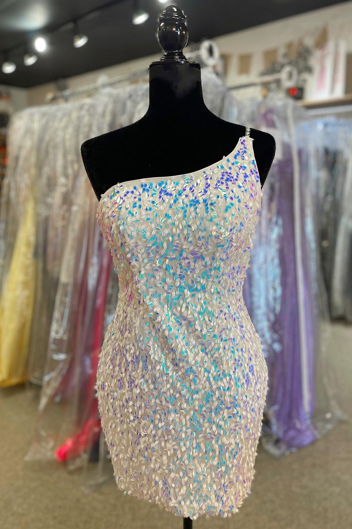 One-Shoulder White Iridescent Cutout Bodycon Mini Dress