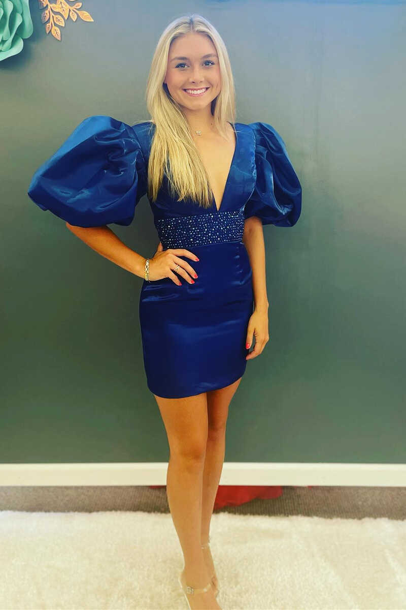 Puff Sleeve Beaded Waist Bodycon Short Party Dress