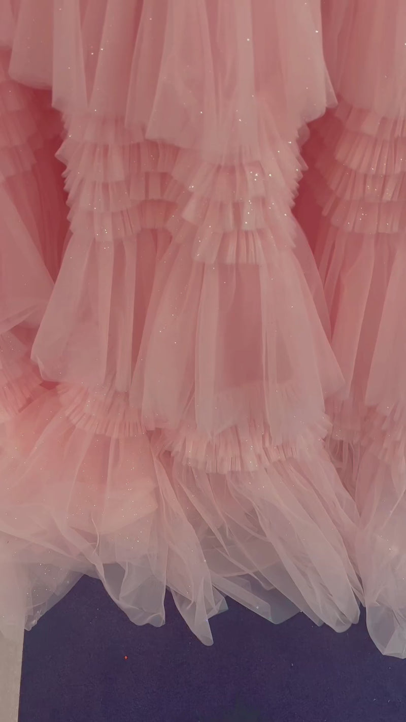 Pink Tulle Lace Off-the-Shoulder Ruffles Tiered Long Prom Dress