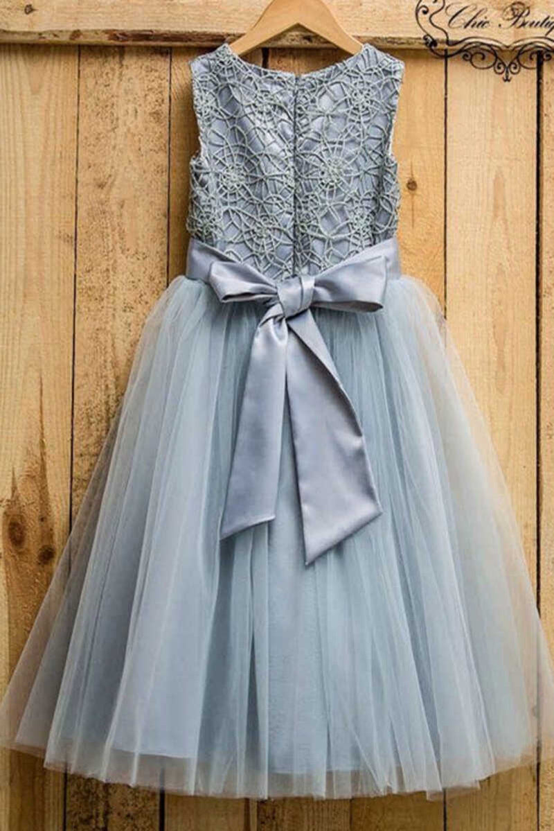 Dusty Blue Tulle Flower A-Line Girl Party Dress