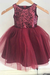 Burgundy Sequins Rounded Neck Flower Girl Dress