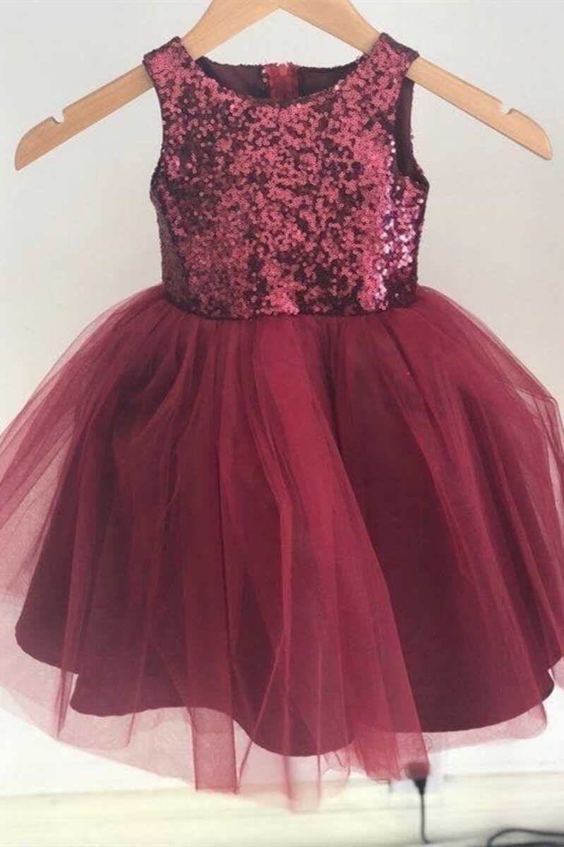 Burgundy Sequins Rounded Neck Flower Girl Dress