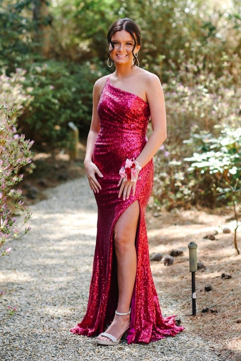 Dark Purple Sequin One-Shoulder Long Prom Dress with Slit
