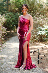 Dark Purple Sequin One-Shoulder Long Prom Dress with Slit