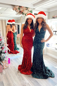 Blue Iridescent Sequin Mermaid Long Prom Dress