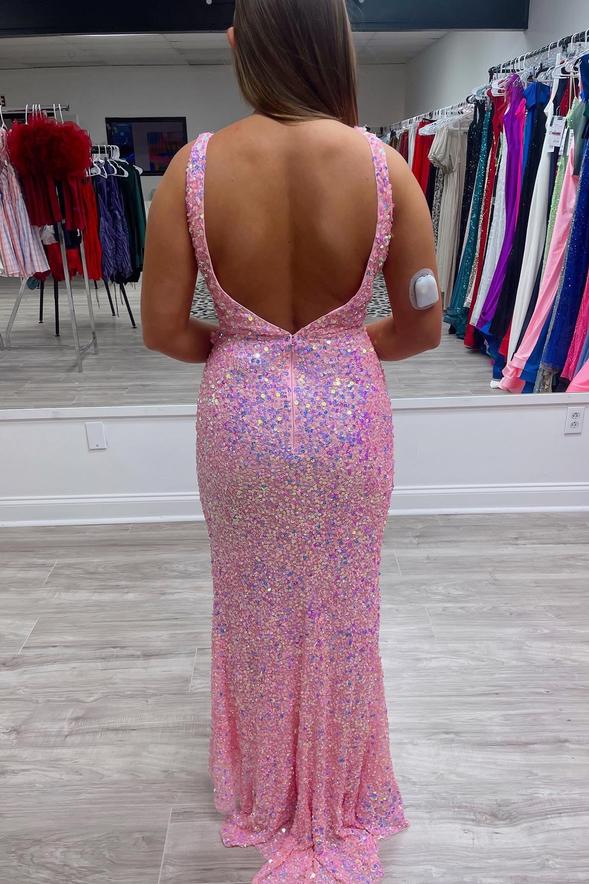 Pink Iridescent Sequin Surplice Neck Ruffles Mermaid Long Formal Dress