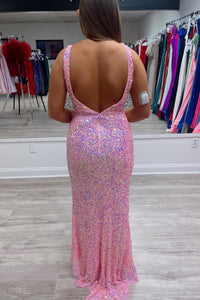 Pink Iridescent Sequin Surplice Neck Ruffles Mermaid Long Formal Dress