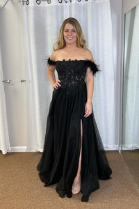 Black Tulle Off-Shoulder Applique Slit Long Prom Dress