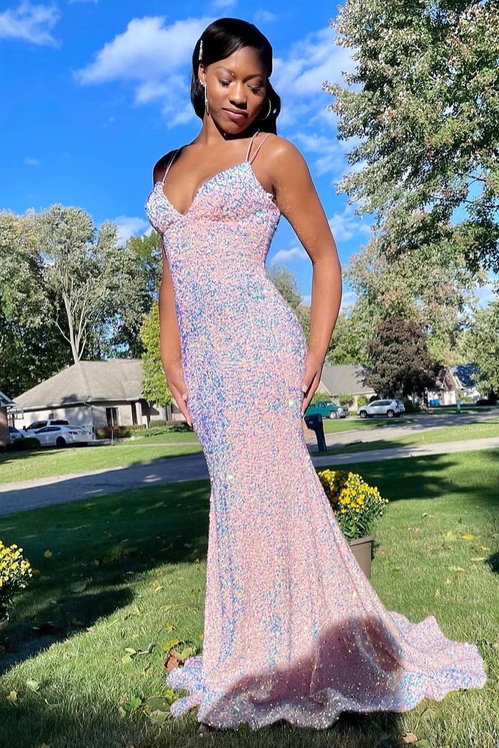 Pink Iridescent Sequin Lace-Up Mermaid Long Prom Dress