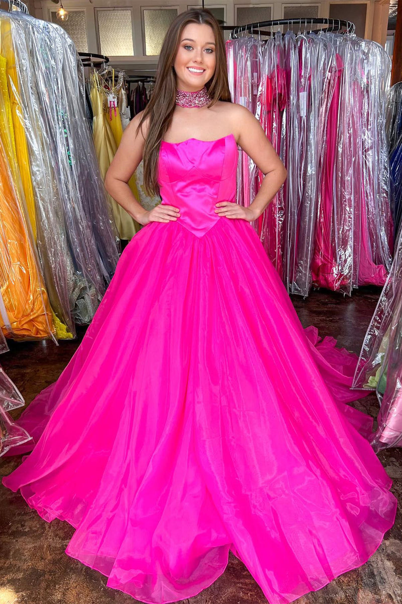 Hot Pink Strapless Ball Gown with Pockets