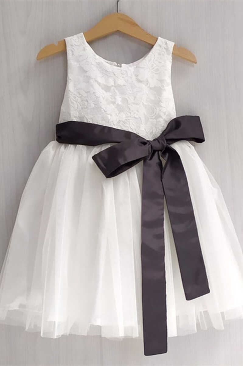 White Lace Tie Front Flower Girl Dress