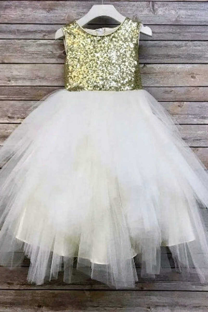 Gold & White Sequins Tutu Girl Party Dress