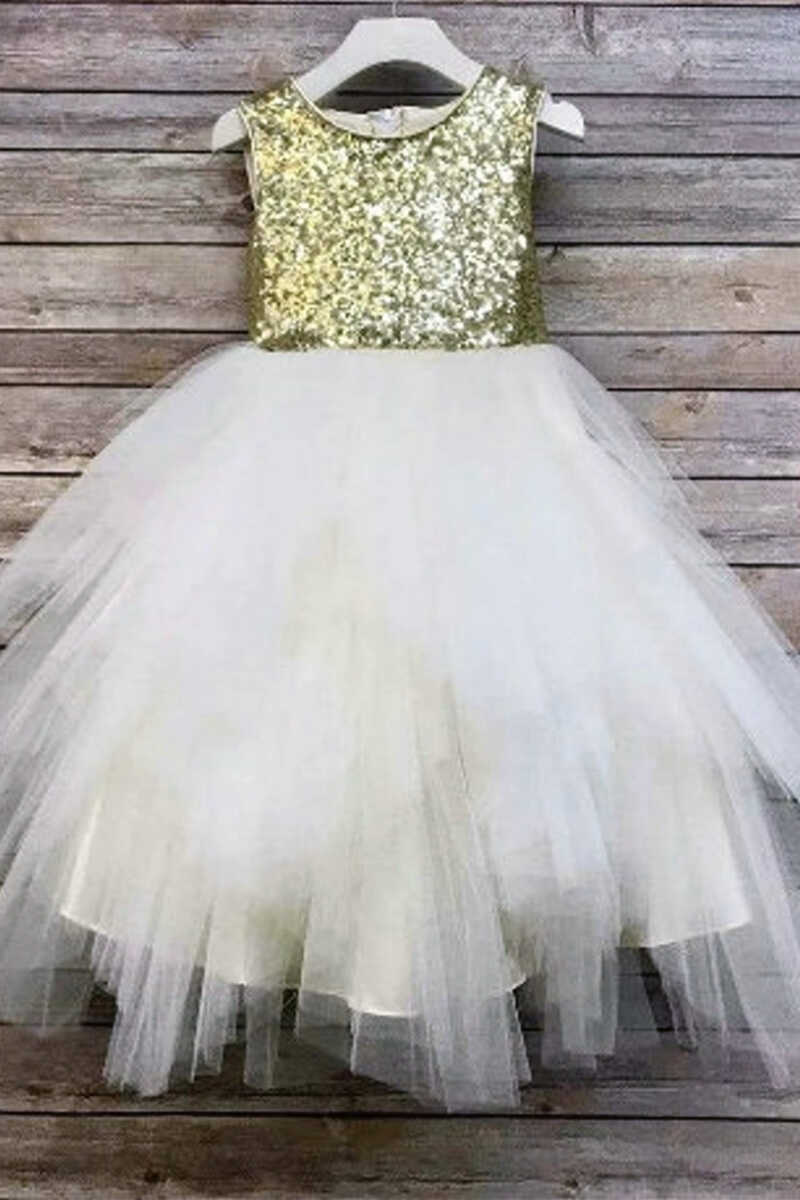 Gold & White Sequins Tutu Girl Party Dress
