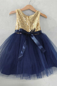 Gold&Navy Blue Sequins Banded Waist Flower Girl Dress
