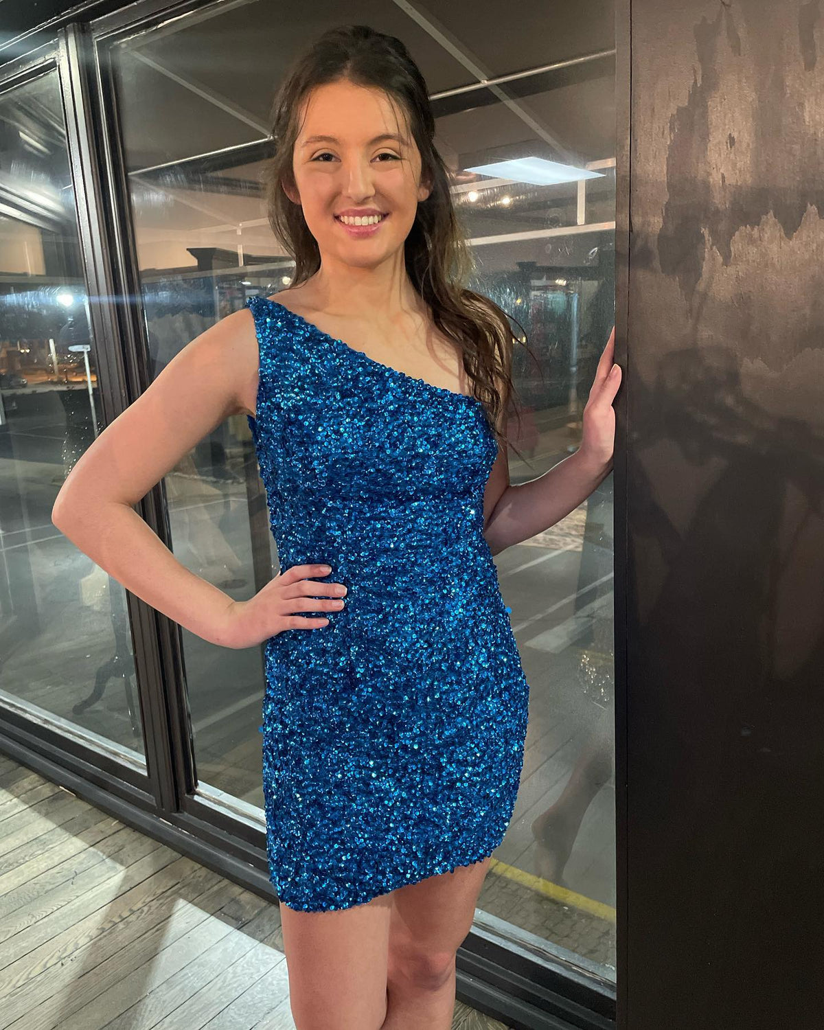 Hot Pink Sequin One-Shoulder Mini Homecoming Dress