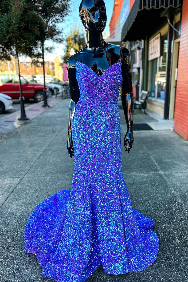 Periwinkle Iridescent Sequin Strapless Lace-Up Mermaid Long Prom Dress