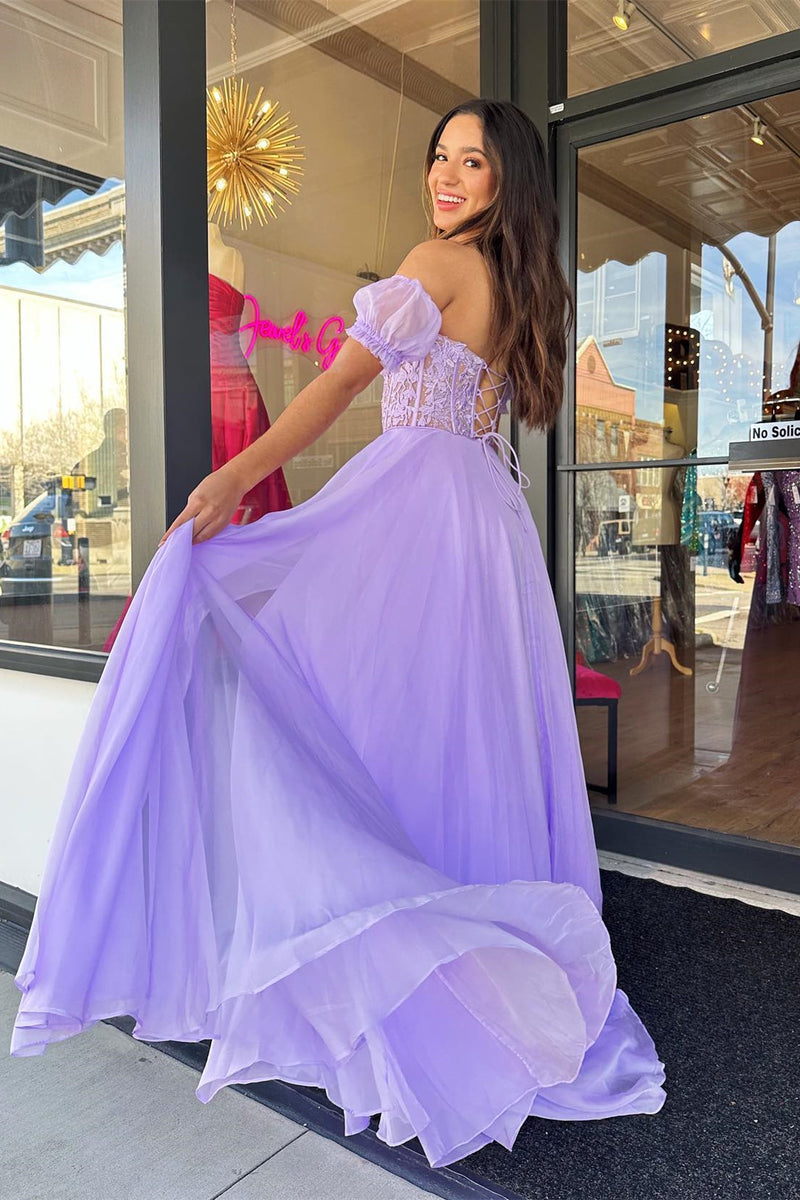 Lilac Applique Strapless A-Line Long Prom Dress