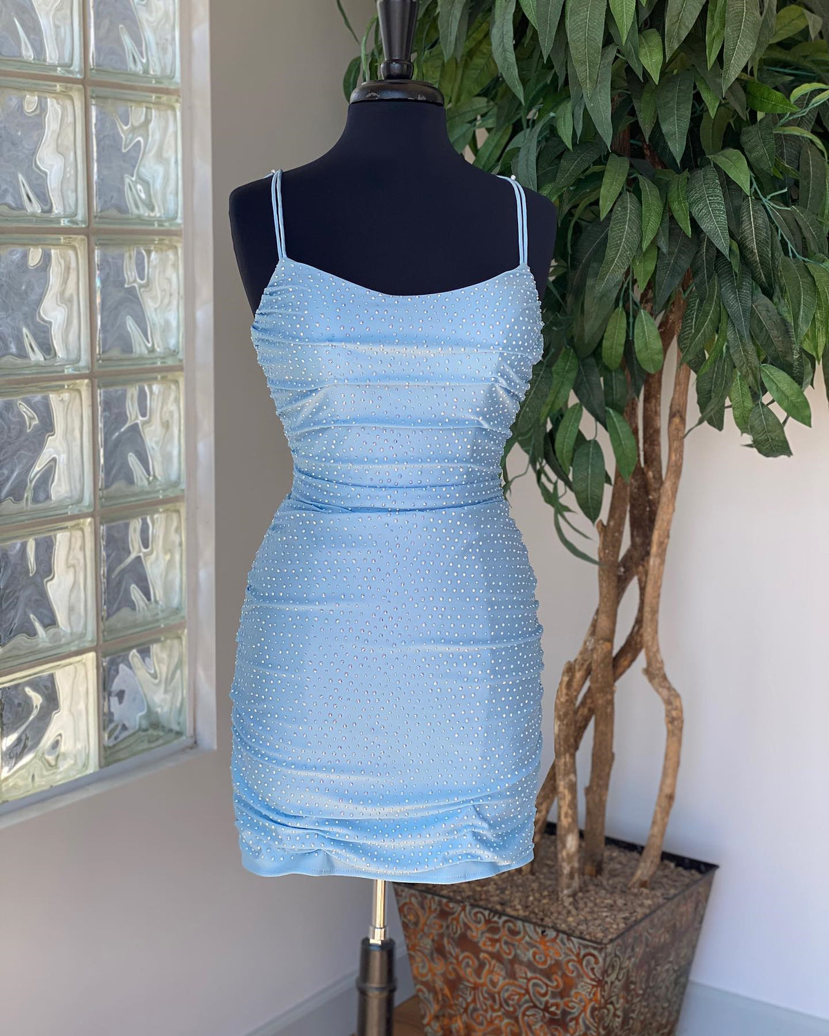 Neon Pink Beaded Spaghetti Straps Lace-Up Mini Formal Dress