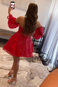 Red Sequin Strapless Short Party Dress with Removable Sleeves
