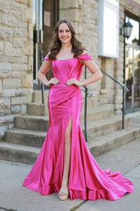 Magenta Satin Off-the-Shoulder Mermaid Long Formal Dress with Slit