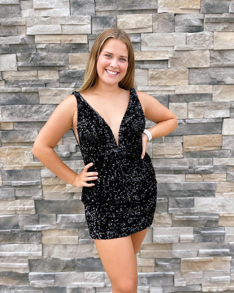 Purple Sequins Plunge Mini Homecoming Dress