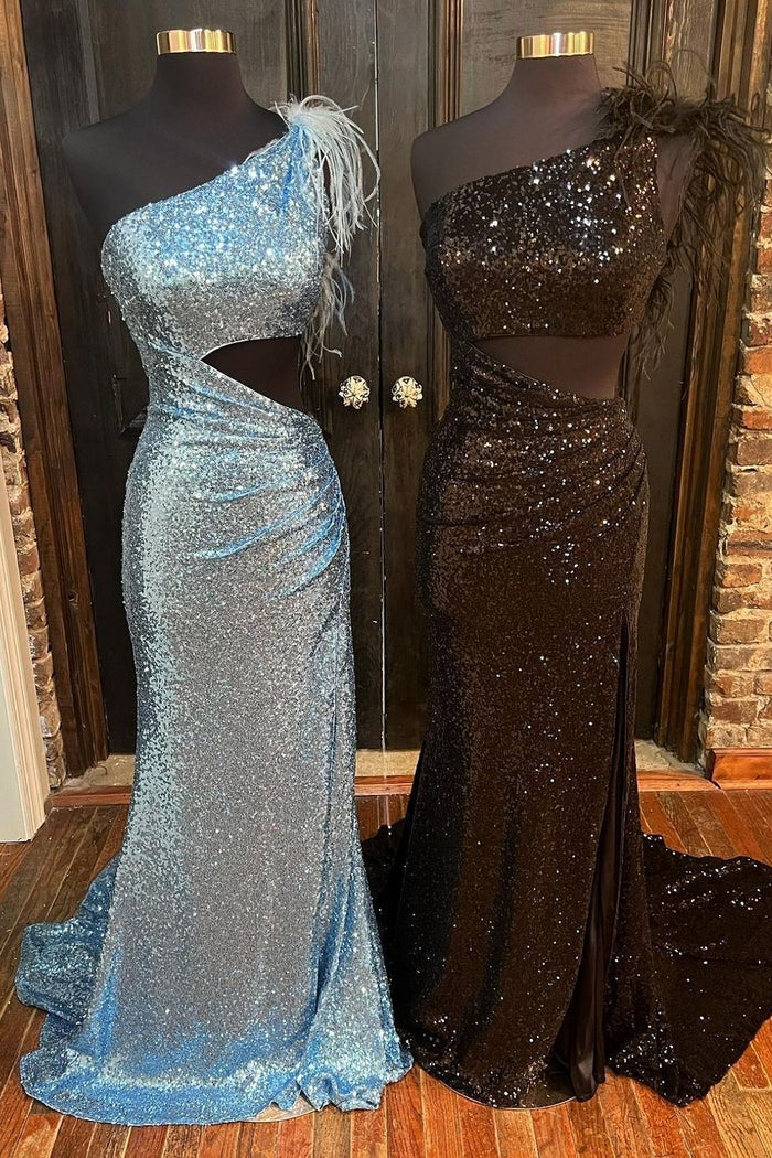 Blue Sequin One-Shoulder Cutout Feathers Mermaid Long Prom Gown