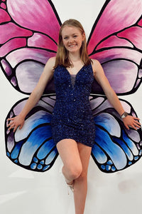 Purple Sequin V-Neck Lace-Up Fitted Short Party Dress