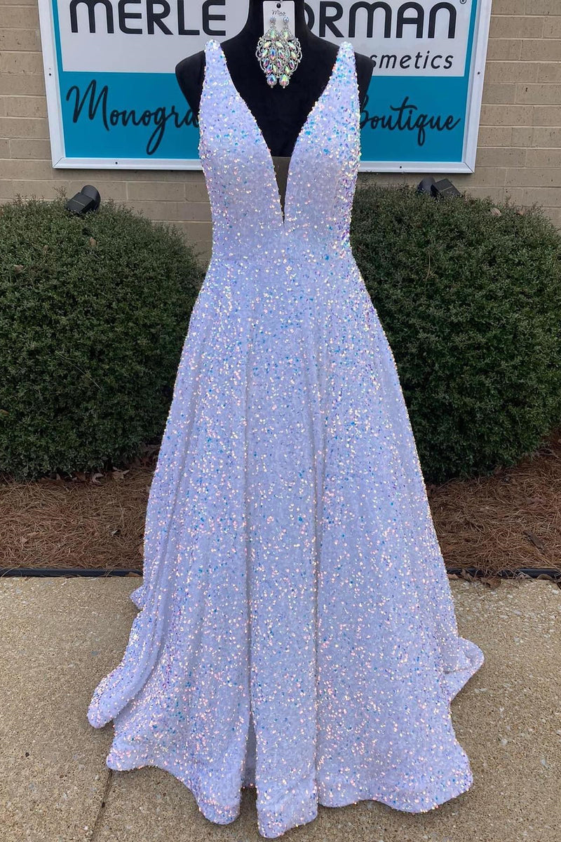 Princess A-line White Sequined Long Formal Dress