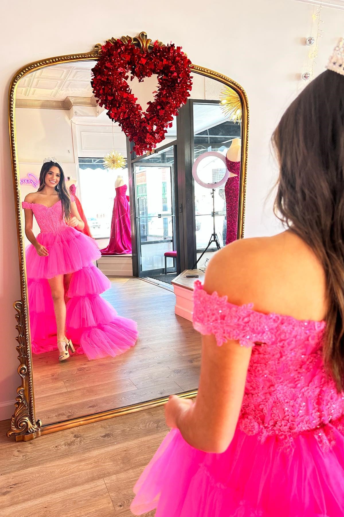 Blue Tulle Lace Off-the-Shoulder High-Low Tiered Prom Dress