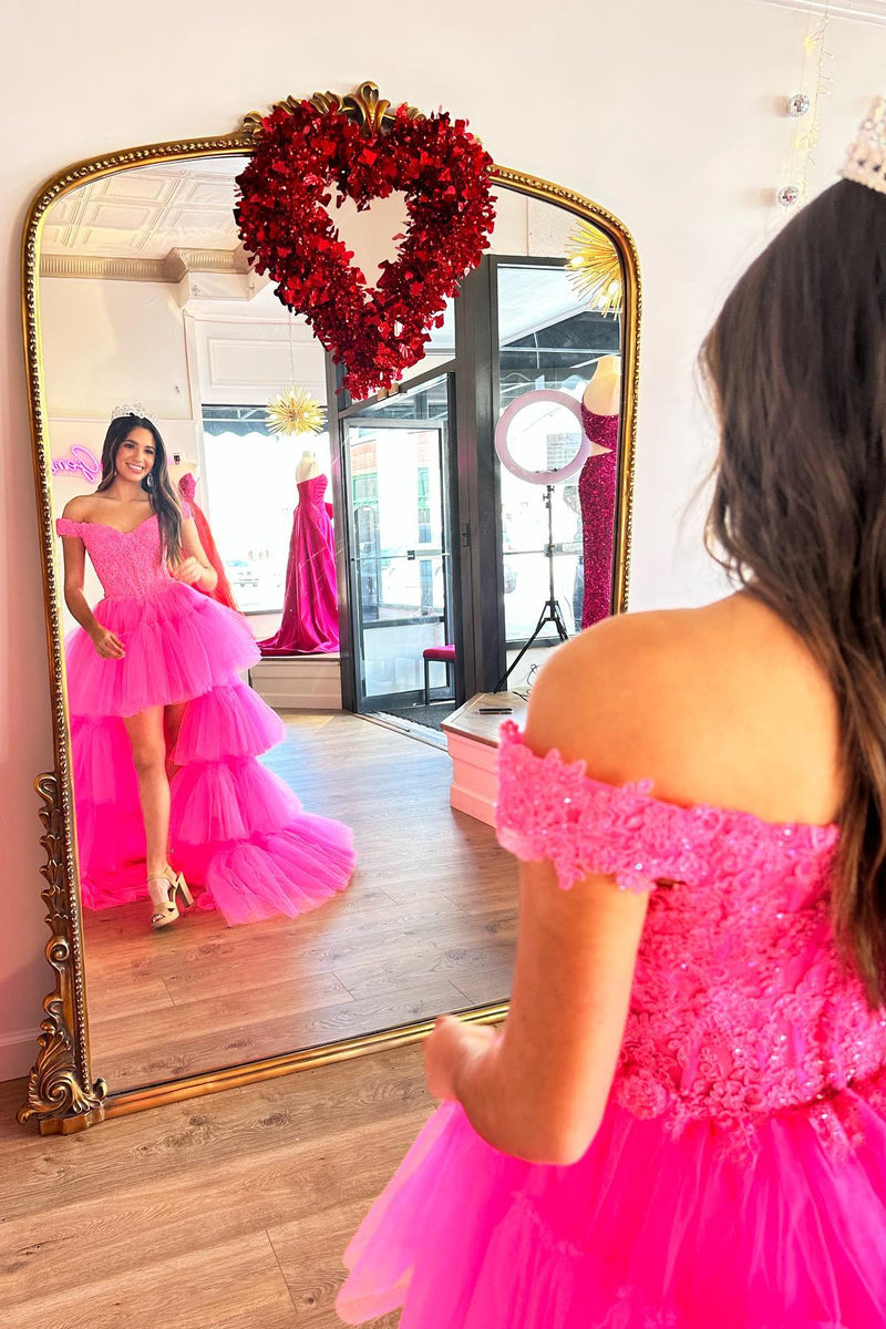 Blue Tulle Lace Off-the-Shoulder High-Low Tiered Prom Dress