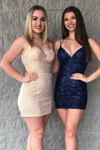 Navy Blue Sequins Lace-Up Mini Homecoming Dress